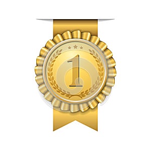 Award ribbon gold icon number first. Design winner golden medal 1 prize. Symbol best trophy, 1st success champion, one