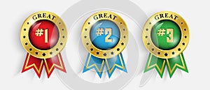 Award ribbon gold icon number first, second and third. Design winner luxury medal. best trophy, 1st success champion, one sport