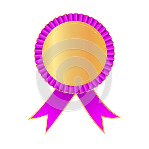 Award rosette gold color with pink ribbon. Symbol of winner celebration, best champion achievement