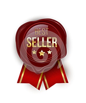 Award seal 3d realistic vector color illustration. Reward. Best seller seal with stars. Certified product. Quality badge