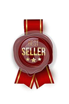 Award seal 3d realistic vector color illustration. Reward. Best seller seal with stars. Certified product. Quality badge