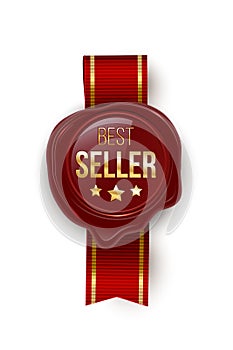 Award seal 3d realistic vector color illustration. Reward. Best seller seal with stars. Certified product. Quality badge