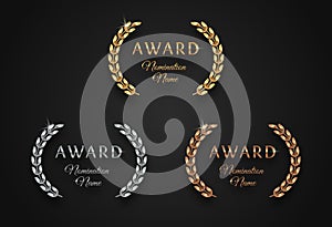 Award sign with laurel wreath - golden, silver and bronze variants, photo