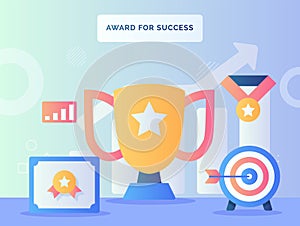 Award for success concept certificate arrow target in front trophy background of medal chart with flat style