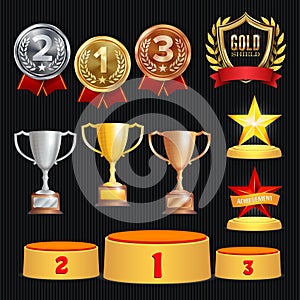 Award Trophies Vector Set. Achievement For 1st, 2nd, 3rd Place Ranks. Ceremony Placement Podium. Golden, Silver, Bronze