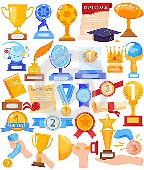 Award trophy winner gold cup vector illustration set, cartoon flat human hands holding win competition golden prize