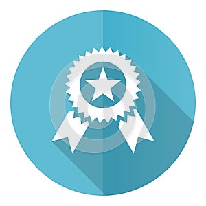Award vector icon, flat design blue round web button isolated on white background