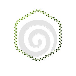 Award vintage hexagonal frame with clear copy space made as spring design decorated with green tree leaves. Vector retro style la photo