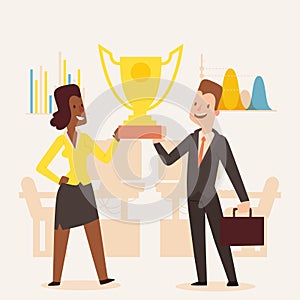 Award winning business company, man and woman holding trophy, vector illustration. Successful business people cartoon