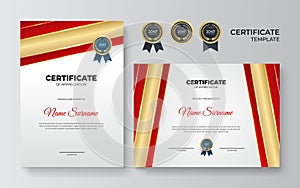 Award winning certificate template. Diploma of modern design or gift certificate. Vector illustration in red and gold color theme