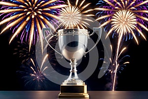 Award Winning Concept, Trophy Cup Sparkling with Fireworks, AI Generated