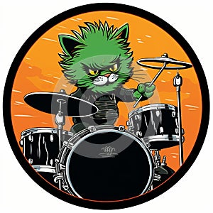 Award-winning Green Kitty Drummer Sticker In Gritty Horror Comic Style