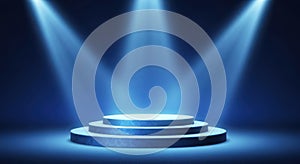 Award winning podium illuminated by dramatic blue spotlight beams against dark background