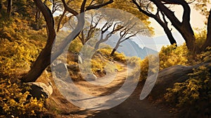 Award-winning Poetcore Hiking Trail Illustration With Strong Shadows And Golden Light