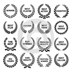 Award wreaths. Cinema premiere, public winning in movie nomination. Laurel branches wreath, business, sport