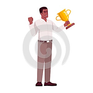 Awarding best worker semi flat RGB color vector illustration. Hard working employee with golden cup isolated cartoon