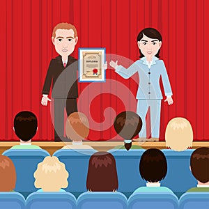 Awarding of a diploma, patent, vector illustration, flat cartoon drawing. Woman hands man a certificate in a frame on stage with a