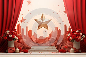 Awards ceremony stage with red carpet and golden star