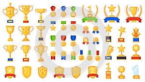 Awards flat. Different sport trophy, golden cups medals and laurel wreaths and prizes, winners star symbols design