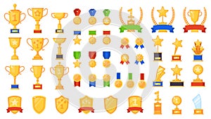 Awards flat. Different sport trophy, golden cups medals and laurel wreaths and prizes, winners star symbols design photo