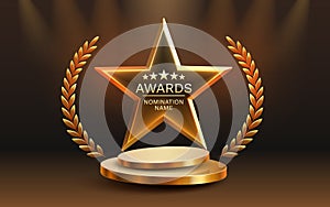 Awards nomination name podium, golden prize event, scene star ceremony. Vector illustration photo