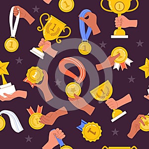Awards pattern. golden cup and medals for sport winners. vector seamless background