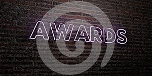 AWARDS -Realistic Neon Sign on Brick Wall background - 3D rendered royalty free stock image