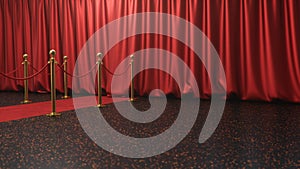 Awards show background with closed red curtains. Red velvet carpet between golden barriers connected by a red rope