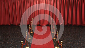 Awards show background with closed red curtains. Red velvet carpet between golden barriers connected by a red rope