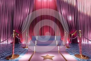 Awards show background with colored curtains and red carpet between rope barriers leading to a stairs.