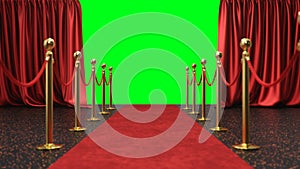 Awards show background with red curtains open on green screen. Red velvet carpet between golden barriers connected by a