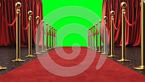 Awards show background with red curtains open on green screen. Red velvet carpet between golden barriers connected by a