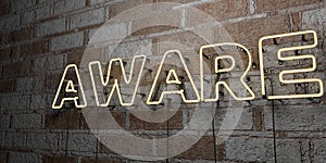 AWARE - Glowing Neon Sign on stonework wall - 3D rendered royalty free stock illustration