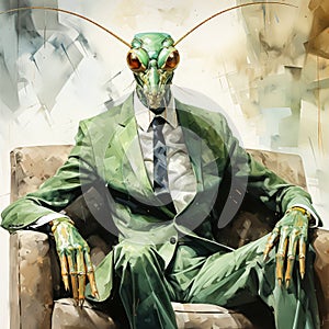 Awatercolor portrait features stylish grasshopper in business suit