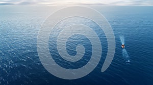 An awe-inspiring aerial shot of a lone fishing boat navigating the vast expanse of the ocean.