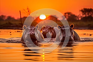 Awe-inspiring african landscape. majestic hippos basking in the warm glow of the savannah sunset