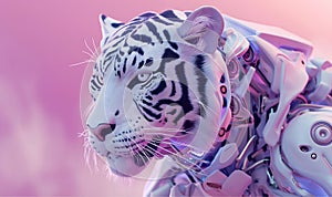 awe-inspiring AI creation,head of albino tiger,in pink neon light,representing courage