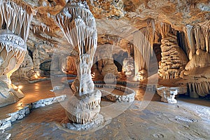 awe-inspiring beauty of towering limestone formations within a cave, highlighted by the subtle illumination that showcases the