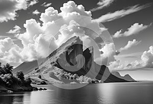 Awe-Inspiring Colossal Cliff Shrouded in Clouds Overlooking Serene Waters in High Definition photo