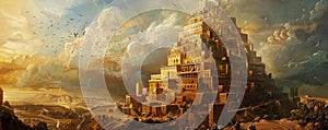 An awe-inspiring depiction of the Tower of Babel, with workers constructing the tower reaching photo