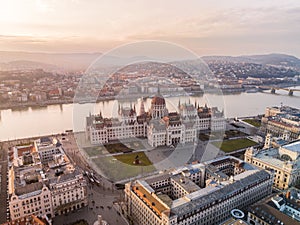 Awe Inspiring Drone Shot of Hungarian Parliament Building and Danube River in Budapest Cityscape from a Birds Eye View