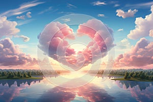 An awe-inspiring heart-shaped cloud gracefully hovers above a picturesque lake, creating a breathtaking and serene landscape,
