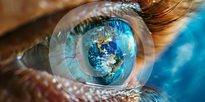 Close-up of blue eye with Earth reflected in iris, portraying a serene and captivating view