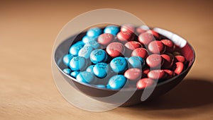 An Awe - Inspiring And Majestic Bowl Of Chocolate Candis With Red And Blue Candis