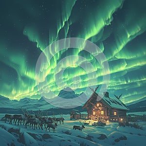 Awe-inspiring Northern Lights over a cozy cabin