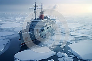 Awe-inspiring Ship cruising among sea ice. Generate ai