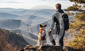 Awe-Inspiring View: Man Conquering Summit with Loyal Canine Companion