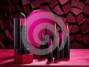 An aweinspiring magenta podium showcasing different shades of lip lacquers and liners. Trendy color of 2023 Viva Magenta