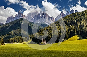 Awesome alpine Landscape. Famous best alpine place of the world, Santa Maddalena St Magdalena village with magical Dolomites