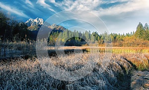 Awesome Alpine Valley Under morning sunlight. Incredible frosty morning view of Zelenci nature reserve dyring sunrise. Sunny scene